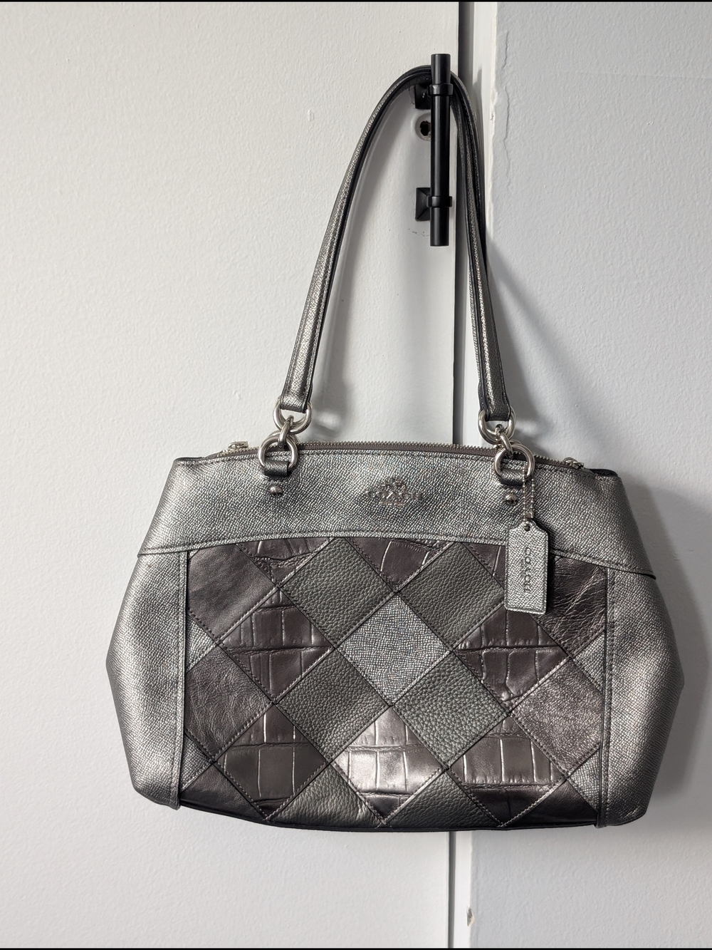 Coach Brook Carryall Metallic Silver and Gray Patchwork Handbag